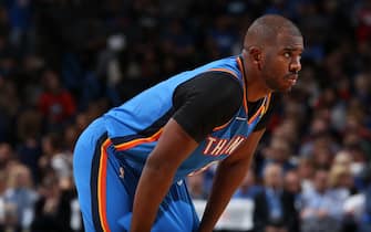 1178173444 OKLAHOMA CITY, OK - OCTOBER 25: Chris Paul #3 of the Oklahoma City Thunder looks on against the Washington Wizards on October 25, 2019 at Chesapeake Energy Arena in Oklahoma City, Oklahoma. NOTE TO USER: User expressly acknowledges and agrees that, by downloading and or using this photograph, User is consenting to the terms and conditions of the Getty Images License Agreement. Mandatory Copyright Notice: Copyright 2019 NBAE (Photo by Zach Beeker/NBAE via Getty Images)