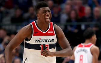 DALLAS, TEXAS - OCTOBER 23: Thomas Bryant #13 of the Washington Wizards reacts after being called for a foul against the Dallas Mavericks in the second half at American Airlines Center on October 23, 2019 in Dallas, Texas. NOTE TO USER: User expressly acknowledges and agrees that, by downloading and or using this photograph, User is consenting to the terms and conditions of the Getty Images License Agreement.
 (Photo by Tom Pennington/Getty Images)