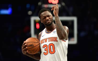 NEW YORK, NEW YORK - OCTOBER 25: Julius Randle #30 of the New York Knicks reacts during the second half of their game against the Brooklyn Nets at Barclays Center on October 25, 2019 in the Brooklyn borough of New York City. NOTE TO USER: User expressly acknowledges and agrees that, by downloading and or using this photograph, User is consenting to the terms and conditions of the Getty Images License Agreement. (Photo by Emilee Chinn/Getty Images)