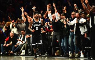 NEW YORK, NEW YORK - OCTOBER 25: Fans cheer for Kyrie Irving #11 of the Brooklyn Nets after he scores a three-pointer to put the Nets ahead in the second half of their game against the New York Knicks at Barclays Center on October 25, 2019 in the Brooklyn borough of New York City. NOTE TO USER: User expressly acknowledges and agrees that, by downloading and or using this photograph, User is consenting to the terms and conditions of the Getty Images License Agreement. (Photo by Emilee Chinn/Getty Images)