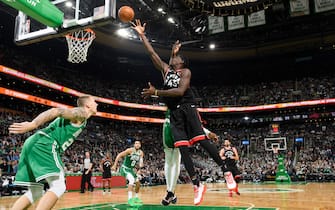 BOSTON, MA - OCTOBER 25: Pascal Siakam #43 of the Toronto Raptors shoots the ball against the Boston Celtics on October 25, 2019 at the TD Garden in Boston, Massachusetts.  NOTE TO USER: User expressly acknowledges and agrees that, by downloading and or using this photograph, User is consenting to the terms and conditions of the Getty Images License Agreement. Mandatory Copyright Notice: Copyright 2019 NBAE  (Photo by Brian Babineau/NBAE via Getty Images) 
