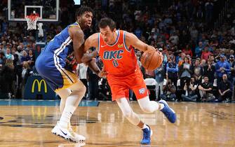 OKLAHOMA CITY, OK - OCTOBER 27: Danilo Gallinari #8 of the Oklahoma City Thunder handles the ball against the Golden State Warriors on October 27, 2019 at Chesapeake Energy Arena in Oklahoma City, Oklahoma. NOTE TO USER: User expressly acknowledges and agrees that, by downloading and or using this photograph, User is consenting to the terms and conditions of the Getty Images License Agreement. Mandatory Copyright Notice: Copyright 2019 NBAE (Photo by Zach Beeker/NBAE via Getty Images)