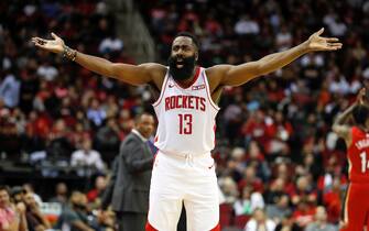 HOUSTON, TX - OCTOBER 26:  James Harden #13 of the Houston Rockets reacts in the first half against the New Orleans Pelicans at Toyota Center on October 26, 2019 in Houston, Texas.  NOTE TO USER: User expressly acknowledges and agrees that, by downloading and or using this photograph, User is consenting to the terms and conditions of the Getty Images License Agreement.  (Photo by Tim Warner/Getty Images)