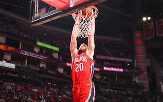 HOUSTON, TX - OCTOBER 26: Nicolo Melli #20 of the New Orleans Pelicans dunks the ball against the Houston Rockets on October 26, 2019 at the Toyota Center in Houston, Texas. NOTE TO USER: User expressly acknowledges and agrees that, by downloading and or using this photograph, User is consenting to the terms and conditions of the Getty Images License Agreement. Mandatory Copyright Notice: Copyright 2019 NBAE (Photo by Bill Baptist/NBAE via Getty Images)