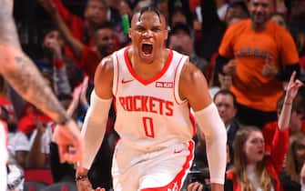 HOUSTON, TX - OCTOBER 26: Russell Westbrook #0 of the Houston Rockets reacts during a game against the New Orleans Pelicans on October 26, 2019 at the Toyota Center in Houston, Texas. NOTE TO USER: User expressly acknowledges and agrees that, by downloading and or using this photograph, User is consenting to the terms and conditions of the Getty Images License Agreement. Mandatory Copyright Notice: Copyright 2019 NBAE (Photo by Bill Baptist/NBAE via Getty Images)