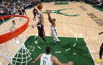 MILWAUKEE, WI - OCTOBER 26: Goran Dragic #7 of the Miami Heat shoots the ball against the Milwaukee Bucks on October 26, 2019 at the Fiserv Forum in Milwaukee, Wisconsin. NOTE TO USER: User expressly acknowledges and agrees that, by downloading and or using this photograph, user is consenting to the terms and conditions of the Getty Images License Agreement. Mandatory Copyright Notice: Copyright 2019 NBAE (Photo by Gary Dineen/NBAE via Getty Images) 