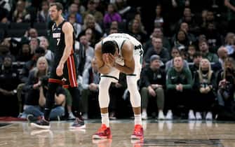 MILWAUKEE, WISCONSIN - OCTOBER 26:  Giannis Antetokounmpo #34 of the Milwaukee Bucks reacts after fouling out in overtime against the Miami Heat at the Fiserv Forum on October 26, 2019 in Milwaukee, Wisconsin. NOTE TO USER: User expressly acknowledges and agrees that, by downloading and/or using this photograph, user is consenting to the terms and conditions of the Getty Images License Agreement. (Photo by Dylan Buell/Getty Images)