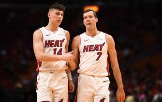 MIAMI, FLORIDA - OCTOBER 08: Tyler Herro #14 and Goran Dragic #7 of the Miami Heat in action against the San Antonio Spurs during the second half of the preseason game at American Airlines Arena on October 08, 2019 in Miami, Florida. NOTE TO USER: User expressly acknowledges and agrees that, by downloading and or using this photograph, User is consenting to the terms and conditions of the Getty Images License Agreement. (Photo by Mark Brown/Getty Images)