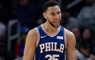 1178413302 DETROIT, MI - OCTOBER 26: Ben Simmons #25 of the Philadelphia 76ers reacts after a three point shot during the second inning of the game against the Detroit Pistons at Little Caesars Arena on October 26, 2019 in Detroit, Michigan. Philadelphia defeated Detroit 117-111. NOTE TO USER: User expressly acknowledges and agrees that, by downloading and or using this photograph, User is consenting to the terms and conditions of the Getty Images License Agreement (Photo by Leon Halip/Getty Images)
