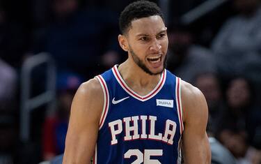 DETROIT, MI - OCTOBER 26: Ben Simmons #25 of the Philadelphia 76ers reacts after a three point shot during the second inning of the game against the Detroit Pistons at Little Caesars Arena on October 26, 2019 in Detroit, Michigan. Philadelphia defeated Detroit 117-111. NOTE TO USER: User expressly acknowledges and agrees that, by downloading and or using this photograph, User is consenting to the terms and conditions of the Getty Images License Agreement (Photo by Leon Halip/Getty Images)
