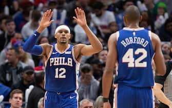 DETROIT, MI - OCTOBER 26: Tobias Harris #12 of the Philadelphia 76ers celebrates with teammate Al Horford #42 during the second quarter of the game against the Detroit Pistons at Little Caesars Arena on October 26, 2019 in Detroit, Michigan. Philadelphia defeated Detroit 117-111. NOTE TO USER: User expressly acknowledges and agrees that, by downloading and or using this photograph, User is consenting to the terms and conditions of the Getty Images License Agreement (Photo by Leon Halip/Getty Images)