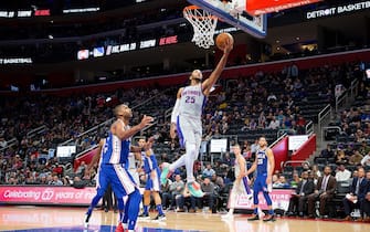 DETROIT, MI - OCTOBER 26: Derrick Rose #25 of the Detroit Pistons drives the ball to the basket during the fourth quarter of the game against the Philadelphia 76ers at Little Caesars Arena on October 26, 2019 in Detroit, Michigan. Philadelphia defeated Detroit 117-111. NOTE TO USER: User expressly acknowledges and agrees that, by downloading and or using this photograph, User is consenting to the terms and conditions of the Getty Images License Agreement (Photo by Leon Halip/Getty Images)