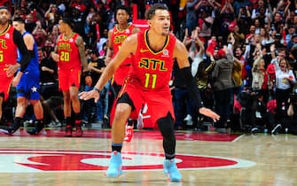 ATLANTA, GA - OCTOBER 26: Trae Young #11 of the Atlanta Hawks reacts after hitting the game winning 3 pointer against the Orlando Magic on October 26 26, 2019 at State Farm Arena in Atlanta, Georgia.  NOTE TO USER: User expressly acknowledges and agrees that, by downloading and/or using this Photograph, user is consenting to the terms and conditions of the Getty Images License Agreement. Mandatory Copyright Notice: Copyright 2019 NBAE (Photo by Scott Cunningham/NBAE via Getty Images)