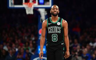1183669096 NEW YORK, NEW YORK - OCTOBER 26: Kemba Walker #8 of the Boston Celtics reacts during the second half of their game against the New York Knicks at Madison Square Garden on October 26, 2019 in New York City. NOTE TO USER: User expressly acknowledges and agrees that, by downloading and or using this photograph, User is consenting to the terms and conditions of the Getty Images License Agreement. (Photo by Emilee Chinn/Getty Images)