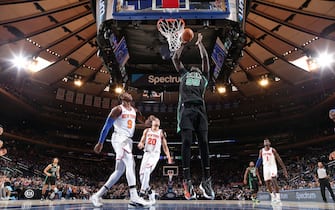 NEW YORK, NY - OCTOBER 26: Tacko Fall #99 of the Boston Celtics shoots the ball against the New York Knicks on October 26, 2019 at Madison Square Garden in New York City, New York. NOTE TO USER: User expressly acknowledges and agrees that, by downloading and or using this photograph, User is consenting to the terms and conditions of the Getty Images License Agreement. Mandatory Copyright Notice: Copyright 2019 NBAE  (Photo by Nathaniel S. Butler/NBAE via Getty Images)