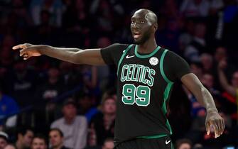 NEW YORK, NEW YORK - OCTOBER 26: Tacko Fall #99 of the Boston Celtics communicates during the second half of their game against the New York Knicks at Madison Square Garden on October 26, 2019 in New York City. NOTE TO USER: User expressly acknowledges and agrees that, by downloading and or using this photograph, User is consenting to the terms and conditions of the Getty Images License Agreement. (Photo by Emilee Chinn/Getty Images)