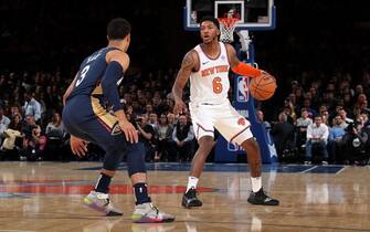 NEW YORK, NY - OCTOBER 18: Elfrid Payton #6 of the New York Knicks handles the ball against the New Orleans Pelicans during a pre-season game on October 18, 2019 at Madison Square Garden in New York City, New York. NOTE TO USER: User expressly acknowledges and agrees that, by downloading and or using this photograph, User is consenting to the terms and conditions of the Getty Images License Agreement. Mandatory Copyright Notice: Copyright 2019 NBAE  (Photo by Nathaniel S. Butler/NBAE via Getty Images)