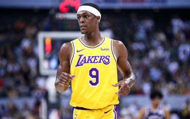 SHENZHEN, CHINA - OCTOBER 12: #9 Rajon Rondo of the Los Angeles Lakers looks on during the match against the Brooklyn Nets during a preseason game as part of 2019 NBA Global Games China at Shenzhen Universiade Center on October 12, 2019 in Shenzhen, Guangdong, China. (Photo by Zhong Zhi/Getty Images)