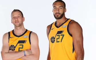 SALT LAKE CITY, UT - SEPTEMBER 30: Mike Conley #10, Rudy Gobert #27 and Joe Ingles #2 of the Utah Jazz pose for a portrait during the 2019 NBA media day at vivint.SmartHome Arena on September 30, 2019 in Salt Lake City, Utah. NOTE TO USER: User expressly acknowledges and agrees that, by downloading and or using this Photograph, User is consenting to the terms and conditions of the Getty Images License Agreement. Mandatory Copyright Notice: Copyright 2019 NBAE (Photo by Melissa Majchrzak/NBAE via Getty Images)