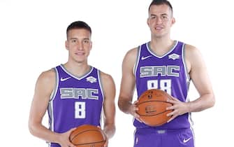 SACRAMENTO, CA - SEPTEMBER 27: Bogdan Bogdanovic #8 and Nemanja Bjelica #88 of the Sacramento Kings pose for a portrait during media day on September 27, 2019 at the Golden 1 Center & Practice Facility in Sacramento, California. NOTE TO USER: User expressly acknowledges and agrees that, by downloading and/or using this photograph, user is consenting to the terms and conditions of the Getty Images License Agreement. Mandatory Copyright Notice: Copyright 2019 NBAE (Photo by Rocky Widner/NBAE via Getty Images)