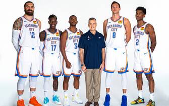 OKLAHOMA CITY, OK - SEPTEMBER 30: Steven Adams #12, Dennis Schroder #17, Chris Paul #3, Head Coach Billy Donovan, Danilo Gallinari #8, and Shai Gilgeous-Alexander #2 of the Oklahoma City Thunder pose for a portrait during media day on September 30, 2019 at Chesapeake Energy Arena in Oklahoma City, Oklahoma. NOTE TO USER: User expressly acknowledges and agrees that, by downloading and/or using this photograph, user is consenting to the terms and conditions of the Getty Images License Agreement. Mandatory Copyright Notice: Copyright 2019 NBAE (Photo by Zach Beeker/NBAE via Getty Images)