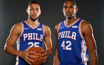 CAMDEN, NJ - OCTOBER 1: Ben Simmons #25 and Al Horford #42 of the Philadelphia 76ers pose for a portrait on October 1, 2019 at the Philadelphia 76ers Training Complex in Camden, New Jersey. NOTE TO USER: User expressly acknowledges and agrees that, by downloading and or using this Photograph, user is consenting to the terms and conditions of the Getty Images License Agreement. Mandatory Copyright Notice: Copyright 2019 NBAE (Photo by Jesse D. Garrabrant/NBAE via Getty Images)