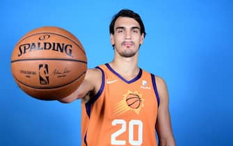 PHOENIX, AZ - SEPTEMBER 30: Dario Saric #20 of the Phoenix Suns poses for a portrait during media day on September 30, 2019 at Talking Stick Resort Arena in Phoenix, Arizona. NOTE TO USER: User expressly acknowledges and agrees that, by downloading and or using this Photograph, user is consenting to the terms and conditions of the Getty Images License Agreement. Mandatory Copyright Notice: Copyright 2019 NBAE (Photo by Michael Gonzales NBAE via Getty Images)