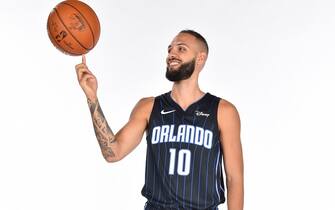ORLANDO, FL - SEPTEMBER 30: Evan Fournier #10 of the Orlando Magic poses for a portrait during media day on September 30, 2019 at the Amway Center in Orlando, Florida. NOTE TO USER: User expressly acknowledges and agrees that, by downloading and/or using this photograph, user is consenting to the terms and conditions of the Getty Images License Agreement. Mandatory Copyright Notice: Copyright 2019 NBAE (Photo by Fernando Medina/NBAE via Getty Images)