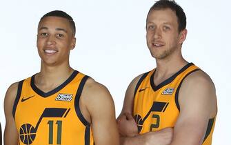 SALT LAKE CITY, UT - SEPTEMBER 24: Derrick Favors #15, Dante Exum #11 and Joe Ingles #2 of the Utah Jazz pose for a portrait at media day on September 24, 2018 at the Zions Bank Basketball Campus in Salt Laker City, Utah. NOTE TO USER: User expressly acknowledges and agrees that, by downloading and or using this photograph, User is consenting to the terms and conditions of the Getty Images License Agreement. Mandatory Copyright Notice: Copyright 2018 NBAE (Photo by Melissa Majchrzak/NBAE via Getty Images)