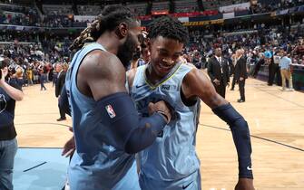 MEMPHIS, TN - OCTOBER 27: Jae Crowder #99, and Ja Morant #12 of the Memphis Grizzlies celebrate together after the game against the Brooklyn Nets on October 27, 2019 at FedExForum in Memphis, Tennessee. NOTE TO USER: User expressly acknowledges and agrees that, by downloading and or using this photograph, User is consenting to the terms and conditions of the Getty Images License Agreement. Mandatory Copyright Notice: Copyright 2019 NBAE (Photo by Joe Murphy/NBAE via Getty Images)
