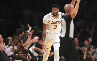 LOS ANGELES, CALIFORNIA - OCTOBER 27:  Anthony Davis #3 of the Los Angeles Lakers reacts to making a three-point shot during the first half of a game against the Charlotte Hornets at Staples Center on October 27, 2019 in Los Angeles, California. (Photo by Sean M. Haffey/Getty Images)