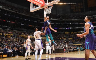 1178632992 LOS ANGELES, CA - OCTOBER 27: Miles Bridges #0 of the Charlotte Hornets dunks the ball against the Los Angeles Lakers on October 27, 2019 at STAPLES Center in Los Angeles, California. NOTE TO USER: User expressly acknowledges and agrees that, by downloading and/or using this Photograph, user is consenting to the terms and conditions of the Getty Images License Agreement. Mandatory Copyright Notice: Copyright 2019 NBAE (Photo by Andrew D. Bernstein/NBAE via Getty Images)