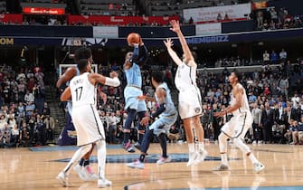 MEMPHIS, TN - OCTOBER 27: Jae Crowder #99 of the Memphis Grizzlies shoots the 3-point game winning shot against the Brooklyn Nets on October 27, 2019 at FedExForum in Memphis, Tennessee. NOTE TO USER: User expressly acknowledges and agrees that, by downloading and or using this photograph, User is consenting to the terms and conditions of the Getty Images License Agreement. Mandatory Copyright Notice: Copyright 2019 NBAE (Photo by Joe Murphy/NBAE via Getty Images)
