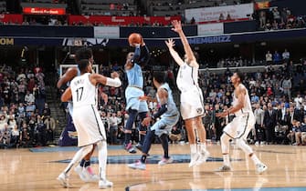 1178630230 MEMPHIS, TN - OCTOBER 27: Jae Crowder #99 of the Memphis Grizzlies shoots the 3-point game winning shot against the Brooklyn Nets on October 27, 2019 at FedExForum in Memphis, Tennessee. NOTE TO USER: User expressly acknowledges and agrees that, by downloading and or using this photograph, User is consenting to the terms and conditions of the Getty Images License Agreement. Mandatory Copyright Notice: Copyright 2019 NBAE (Photo by Joe Murphy/NBAE via Getty Images)