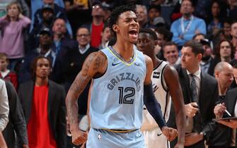 MEMPHIS, TN - OCTOBER 27: Ja Morant #12 of the Memphis Grizzlies reacts to a play against the Brooklyn Nets on October 27, 2019 at FedExForum in Memphis, Tennessee. NOTE TO USER: User expressly acknowledges and agrees that, by downloading and or using this photograph, User is consenting to the terms and conditions of the Getty Images License Agreement. Mandatory Copyright Notice: Copyright 2019 NBAE (Photo by Joe Murphy/NBAE via Getty Images)
