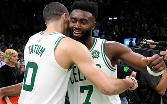 BOSTON, MA - APRIL 17: Jayson Tatum #0 hugs Jaylen Brown #7 of the Boston Celtics Game Two of Round One of the 2019 NBA Playoffs against the Boston Celtics on April 17, 2019 at the TD Garden in Boston, Massachusetts.  NOTE TO USER: User expressly acknowledges and agrees that, by downloading and or using this photograph, User is consenting to the terms and conditions of the Getty Images License Agreement. Mandatory Copyright Notice: Copyright 2019 NBAE  (Photo by Brian Babineau/NBAE via Getty Images)