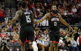 HOUSTON, TX - NOVEMBER 11:  James Harden #13 of the Houston Rockets congratulates Clint Capela #15 in the first half against the Indiana Pacers at Toyota Center on November 11, 2018 in Houston, Texas.  NOTE TO USER: User expressly acknowledges and agrees that, by downloading and or using this Photograph, user is consenting to the terms and conditions of the Getty Images License Agreement.  (Photo by Tim Warner/Getty Images)