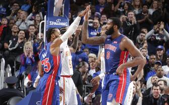 DETROIT, MI - OCTOBER 24: Derrick Rose #25 of the Detroit Pistons and Andre Drummond #0 of the Detroit Pistons react to a play during a game against the Atlanta Hawks  on October 24, 2019 at Little Caesars Arena in Detroit, Michigan. NOTE TO USER: User expressly acknowledges and agrees that, by downloading and/or using this photograph, User is consenting to the terms and conditions of the Getty Images License Agreement. Mandatory Copyright Notice: Copyright 2019 NBAE (Photo by Brian Sevald/NBAE via Getty Images)
