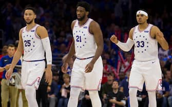 PHILADELPHIA, PA - MAY 05: Ben Simmons #25, Joel Embiid #21, and Tobias Harris #33 of the Philadelphia 76ers react against the Toronto Raptors in Game Four of the Eastern Conference Semifinals at the Wells Fargo Center on May 5, 2019 in Philadelphia, Pennsylvania. The Raptors defeated the 76ers 101-96. NOTE TO USER: User expressly acknowledges and agrees that, by downloading and or using this photograph, User is consenting to the terms and conditions of the Getty Images License Agreement. (Photo by Mitchell Leff/Getty Images)