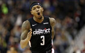 WASHINGTON, DC - MARCH 16: Bradley Beal #3 of the Washington Wizards celebrates after hitting a three pointer in the second half against the Memphis Grizzlies at Capital One Arena on March 16, 2019 in Washington, DC. NOTE TO USER: User expressly acknowledges and agrees that, by downloading and or using this photograph, User is consenting to the terms and conditions of the Getty Images License Agreement. (Photo by Rob Carr/Getty Images)