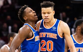 CLEVELAND, OH - DECEMBER 12: Frank Ntilikina #11 of the New York Knicks celebrates with Kevin Knox #20 after Knox dunked during the second half against the Cleveland Cavaliers at Quicken Loans Arena on December 12, 2018 in Cleveland, Ohio. The Cavaliers defeated the Nicks 113-106. NOTE TO USER: User expressly acknowledges and agrees that, by downloading and/or using this photograph, user is consenting to the terms and conditions of the Getty Images License Agreement. (Photo by Jason Miller/Getty Images)