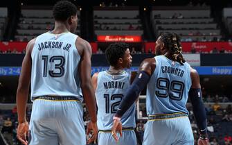 MEMPHIS, TN - OCTOBER 27: Jaren Jackson Jr. #13, Ja Morant #12, and Jae Crowder #99 of the Memphis Grizzlies walk on the court against the Brooklyn Nets on October 27, 2019 at FedExForum in Memphis, Tennessee. NOTE TO USER: User expressly acknowledges and agrees that, by downloading and or using this photograph, User is consenting to the terms and conditions of the Getty Images License Agreement. Mandatory Copyright Notice: Copyright 2019 NBAE (Photo by Joe Murphy/NBAE via Getty Images)