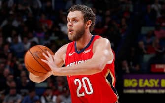 NEW OREANS, LA - OCTOBER 28: Nicolo Melli #20 of the New Orleans Pelicans passes the ball against the Golden State Warriors on October 28, 2019 at the Smoothie King Center in New Orleans, Louisiana. NOTE TO USER: User expressly acknowledges and agrees that, by downloading and or using this Photograph, user is consenting to the terms and conditions of the Getty Images License Agreement. Mandatory Copyright Notice: Copyright 2019 NBAE (Photo by Jeff Haynes/NBAE via Getty Images)