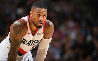 SAN ANTONIO, TX - OCTOBER 28: Damian Lillard #0 of the Portland Trail Blazers looks on against the San Antonio Spurs on October 28, 2019 at the AT&T Center in San Antonio, Texas. NOTE TO USER: User expressly acknowledges and agrees that, by downloading and or using this photograph, user is consenting to the terms and conditions of the Getty Images License Agreement. Mandatory Copyright Notice: Copyright 2019 NBAE (Photos by Garrett Ellwood/NBAE via Getty Images)