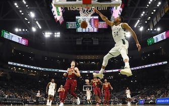 MILWAUKEE, WISCONSIN - OCTOBER 28:  Giannis Antetokounmpo #34 of the Milwaukee Bucks dunks against the Cleveland Cavaliers during the second half of a game at Fiserv Forum on October 28, 2019 in Milwaukee, Wisconsin. NOTE TO USER: User expressly acknowledges and agrees that, by downloading and or using this photograph, User is consenting to the terms and conditions of the Getty Images License Agreement. (Photo by Stacy Revere/Getty Images)