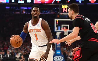 NEW YORK, NEW YORK - OCTOBER 28:  Bobby Portis #1 of the New York Knicks brings the ball up court against Zach LaVine #8 of the Chicago Bulls in the first half at Madison Square Garden on October 28, 2019 in New York City.  NOTE TO USER: User expressly acknowledges and agrees that, by downloading and or using this Photograph, user is consenting to the terms and conditions of the Getty Images License Agreement.  (Photo by Emilee Chinn/Getty Images)