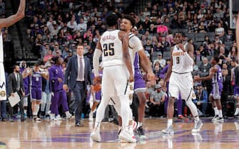 SACRAMENTO, CA - OCTOBER 28: Malik Beasley #25 of the Denver Nuggets and Jamal Murray #27 of the Denver Nuggets react during a game against the Sacramento Kings on October 28, 2019 at Golden 1 Center in Sacramento, California. NOTE TO USER: User expressly acknowledges and agrees that, by downloading and or using this Photograph, user is consenting to the terms and conditions of the Getty Images License Agreement. Mandatory Copyright Notice: Copyright 2019 NBAE (Photo by Rocky Widner/NBAE via Getty Images)