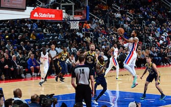 DETROIT, MI - OCTOBER 28: Derrick Rose #25 of the Detroit Pistons shoots the ball against the Indiana Pacers on October 28, 2019 at Little Caesars Arena in Detroit, Michigan. NOTE TO USER: User expressly acknowledges and agrees that, by downloading and/or using this photograph, User is consenting to the terms and conditions of the Getty Images License Agreement. Mandatory Copyright Notice: Copyright 2019 NBAE (Photo by Chris Schwegler/NBAE via Getty Images)
