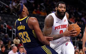 DETROIT, MICHIGAN - OCTOBER 28:  Andre Drummond #0 of the Detroit Pistons drives around Myles Turner #33 of the Indiana Pacers during the second half at Little Caesars Arena on October 28, 2019 in Detroit, Michigan. Detroit won the game 96-94. NOTE TO USER: User expressly acknowledges and agrees that, by downloading and/or using this photograph, user is consenting to the terms and conditions of the Getty Images License Agreement. (Photo by Gregory Shamus/Getty Images)