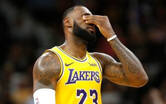 SAN ANTONIO,TX - OCTOBER 27:  LeBron James #23 of the Los Angeles Lakers reacts after a turnover against the San Antonio Spurs at AT&T Center on October 27 , 2018  in San Antonio, Texas.  NOTE TO USER: User expressly acknowledges and agrees that , by downloading and or using this photograph, User is consenting to the terms and conditions of the Getty Images License Agreement. (Photo by Ronald Cortes/Getty Images)